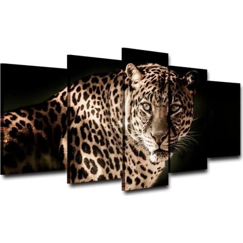 5 Panel Leopards Paintings Framed Canvas Print Jungle Animal Wall Art Modular Picture for Living Room Home Decoration