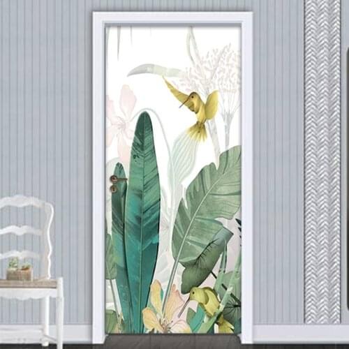 Banana Leaf Flower Bird Door Sticker Mural Waterproof Wallpapers For Living Room Bedroom Door Home Decoration Photo Wallpaper