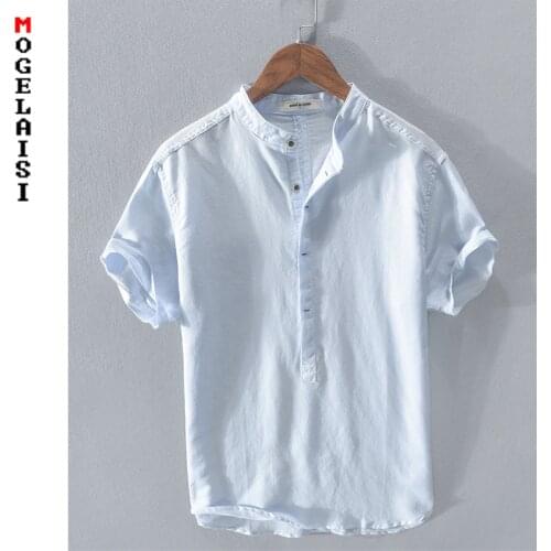 New Chinese style linen shirt Stand collar short sleeve linen cotton summer tops high quality Breathable man blue shirts RC203