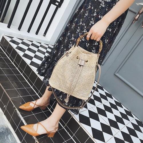 New Drawstring Womens Straw Bucket Bag Summer Woven Shoulder Bags Shopping Purse Beach Handbag Straw Handbags Travel Bag Tote