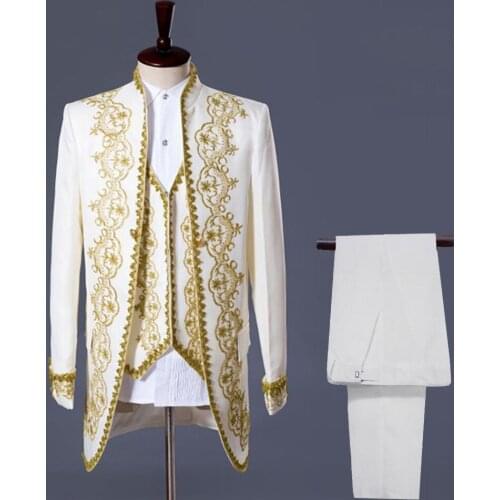 New S-XXL Mens Classic Three Piece Embroidery Palace Stage Singer Wedding Suits Latest Coat Pant Designs Costume Homme