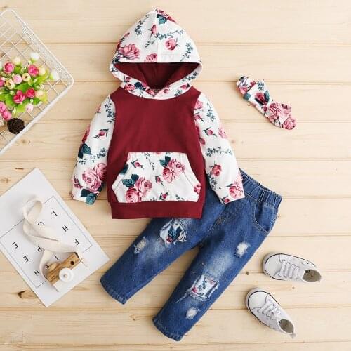 0-24M New Fashion Spring Newborn Baby Girls Sport Outfits Clothes Sweat Shirt Floral Print Pockets Hoodies + Jeans Denim Pants