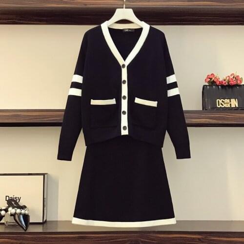 Black V-neck Sweater Autumn New Knitted Cardigan With Hip Wrap Skirt Large Two Piece Set