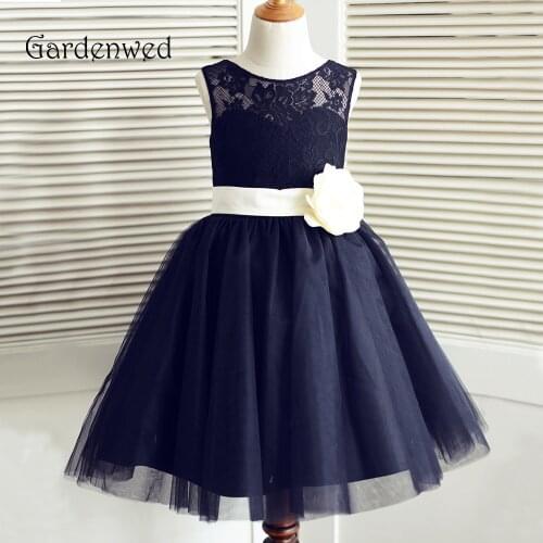 Gardenwed 2019 Navy Blue Lace Flower Girl Dresses Bow Pageant Dresses Little Girls Kids Children Dress for Wedding