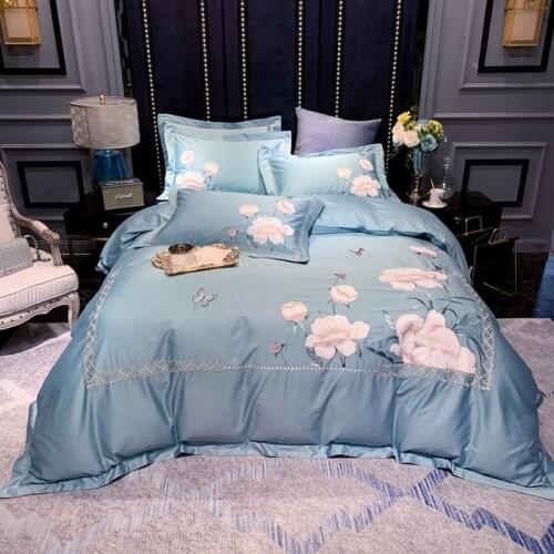 Embroidery sheet pillowcase duvet cover set New light green egyptian cotton bed linen bedclothes 4pcs/set adults set