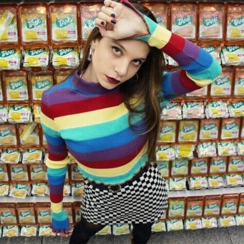 Rainbow Colorful Stripe Print Women Casual Sweaters Autumn Fashion Turtleneck Knitwear Loose Pullovers Jumper Pull Femme