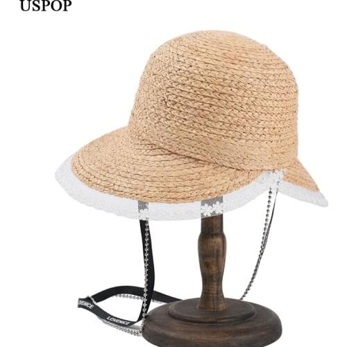 USPOP New Women Raffia Straw Sun Hat Summer Cute Lace Brim Beach Hats Chain Decorated Sunshade