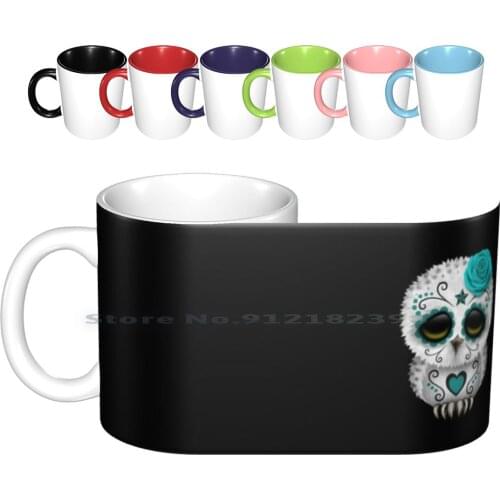 Cute Teal Blue Day Of The Dead Sugar Skull Owl Ceramic Mugs Coffee Cups Milk Tea Mug Owl Snowy Owl Day Of The Dead Sugar Skull