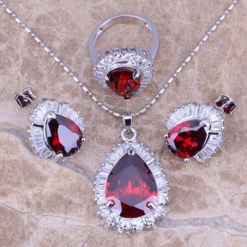 Gallant Red Garnet Silver Plated Jewelry Sets Earrings Pendant Ring Size 6 / 7 / 8 / 9 / 10 S0100