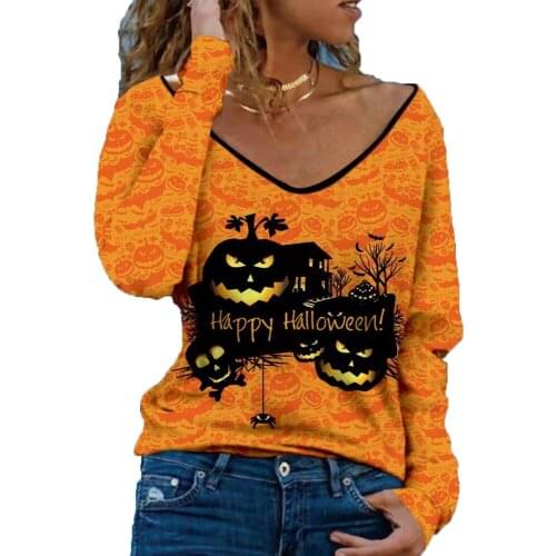 Spring Autumn Women T Shirt Deep V Neck Pullover Halloween Floral Printed Loose Tees Casual Fashion Lady Tops Plunging T Shirts
