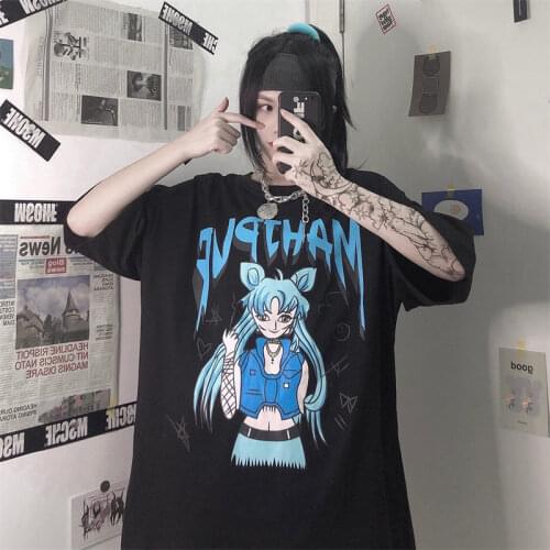 Summer Crew Neck Anime Harajuku Womens T-shirt Short Sleeve Oversized Girls' Top Vintage Grunge Female Clothing Couple Clothes