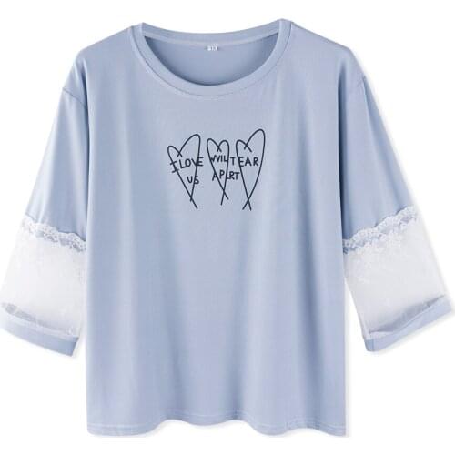 Neatie kiddie Casual T-shirt Letter Heart Print Lace Patchwork Three Quarter Sleeve Summer 2019 Women Clothes Tee Shirt Femme