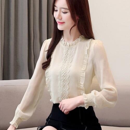 Spring Fall Korean Women Ruffled Neck Long Sleeve Glitter Beige Grey Chiffon Top Blouse Shirt , 2019 3xl Womens Tops and Blouses