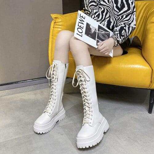 New Mid Calf Boots Women Autumn Winter Fashion Lace-up Zipper Botas Mujer Boots Sports Platform Heel Ladies Moccasins Shoes