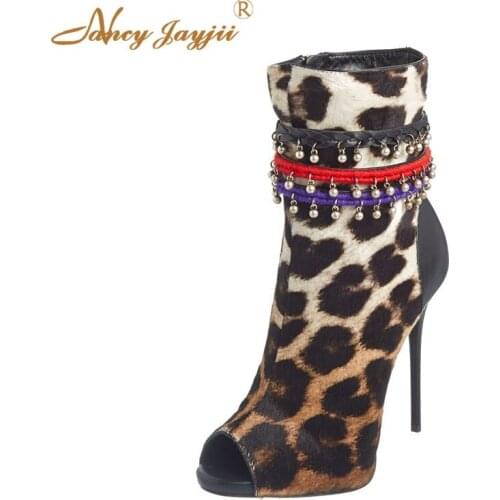 Flock Leopard Women Adult Boots Ladies Shoes Ankle Slip-on Peep Toe Super High Thin heel Mature Fashion Concise Nancyjayjii 2019