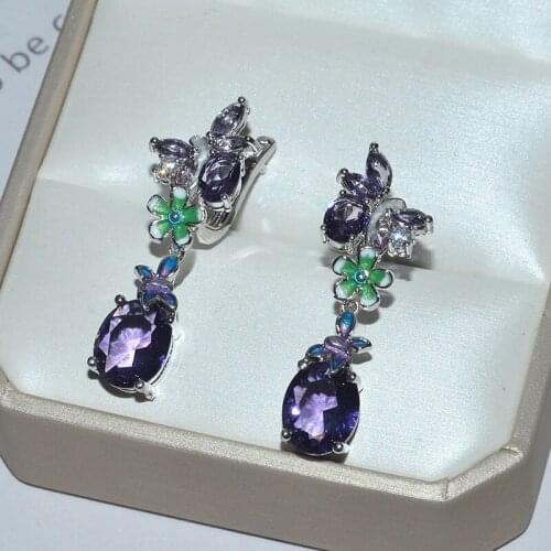 Vintage Flowers Enamel Purple Crystal Amethyst Gemstones Diamonds Drop Earrings for Women 18k White Gold Silver Color Jewelry