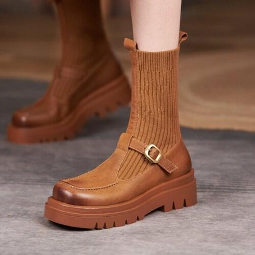 Knitted Stretch Sock Boots Women Autumn Winter 2021 Thick Soled Height Increasing Martin Boots Retro Botas Mujer Platform Shoes