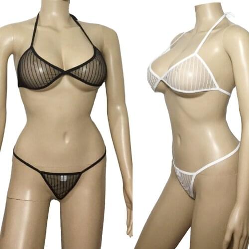 Female Sexy Erotic Sheer Stripe Mesh Bikini Lingerie Halter Bra Top G String See Through Babydoll Underwear Plus Size XXXL