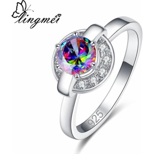 Lingmei New Round MultiWhite Cubic Zirconia Silver ColorRing Size 6-9 Fashion Simple Women Jewelry Anniversary
