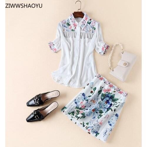 ZIWWSHAOYU Summer Fashion Woman Mini Skirt Suit Lapel Half Sleeve Long Shirts + Flower Printing Crystal Short Skirt 2-Piece Set