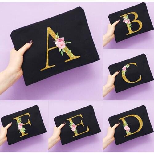 Golden Letter Print Women Make Up Bags Travel Cosmetic Case Toiletry Organizer Wash Storage Pouch Lady Clutch Student Pencil Bag