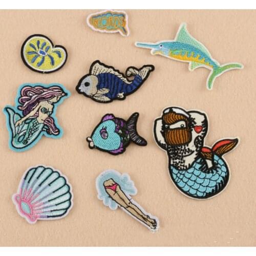 100Pcs/lot Embroidered Patch Mermaid Sea Shell Animal Shoes Cap Shirt Biker Jeans Clothing Decoration Accessories