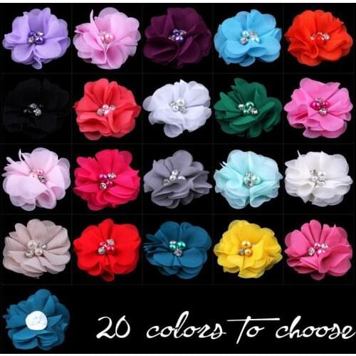 120pcs/lot 2" 20 Colors DIY Mini Chiffon Flowers Whit Pearl Rhinestone For Girls Accessories New Hot Kids Hair Flowers