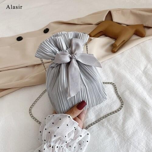 Alasir Women Shoulder Bags Fashion Pleated Mini Handbags Korean Style Bow Bucket Bags Small Cute Ruched Evening Clutch Bags