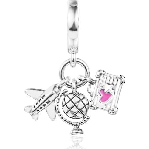 CKK Fit Pandora Bracelets Airplane, Globe & Suitcase Charms Sterling Silver 925 Original Beads for Jewelry Making DIY Women