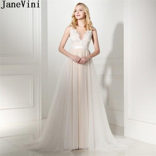 JaneVini Elegant White Lace Champagne Satin Prom Dresses Long Sweep Train Tulle Wedding Bridesmaid Party Dress Pearls Gown 2018
