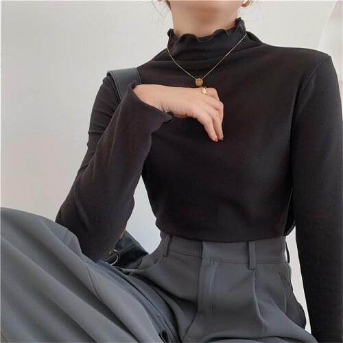 Alien Kitty 7 Colors Bottoming Turtleneck Full Sleeves T-Shirts Women Tops Autumn 2021 New OL Cotton Soft Thicken Warm Solid