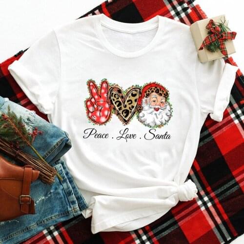 Peace Love Santa Colored Print T-shirt Funny Women Christmas Vacation Tshirt Fashion Winter Short Sleeve Graphic Holiday Top Tee