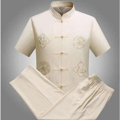 Chinese tunic suit men suit set with pants tang suit set summer short-sleeve thin quinquagenarian vintage male blazer beige red