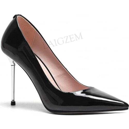 LAIGZEM Wome Pumps Genuine Leather Shinny Matt Black Sandals Metal Stiletto Heels Party Dress Shoes Woman Plus Size 41 44 46