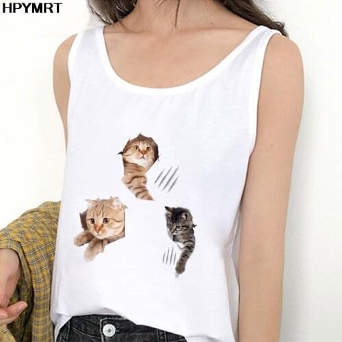 Casual Cute Cat Print Tank Top Women Sleeveless Harajuku Vest Femme O-Neck Tank Tops for Girls New Summer Sexy Top Female