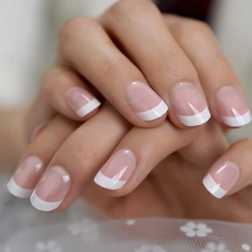 Fashion Summer Short Nude Pink White French Nail Tips False Fake Nails Glossy UV Press on Easy Wear for Home Office Wear