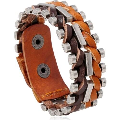 Punk Rock Men Alloy Leather Bracelet Cuff Hiphop Handmade Cowhide Charm Women Wrap Bangle Wristband Vintage Fashion Jewelry Gift