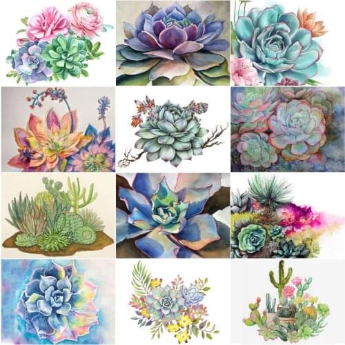 Full Drill Watercolor Succulents Mosaic Round Diamond Painting Plant Diamond Embroidery Cross Stitch Kit Diamond Art Rhinestones