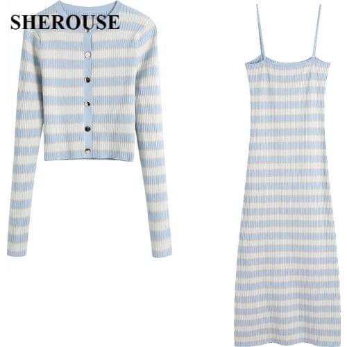 2021 New Women Two Piece Set Striped Knitted Cardigan Sweater & Sling Midi Dress Fashion Casual Woman 2 Piece Set