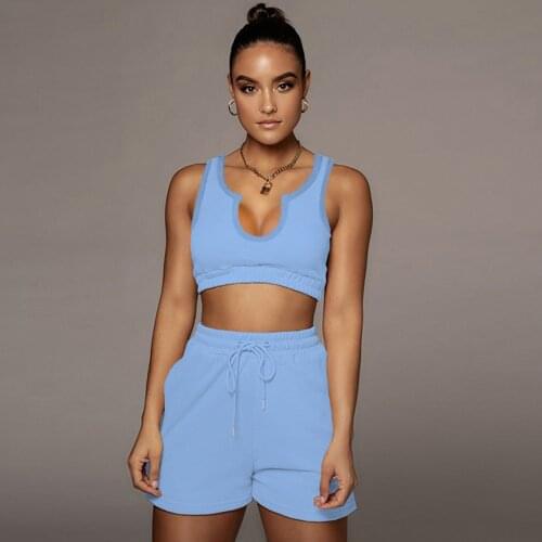 Solid Casual Style Two Piece Outfits Women Hipster Sporty Cleavage Sleeveless Tank Top+drawstring Workout Short Athleisure Set
