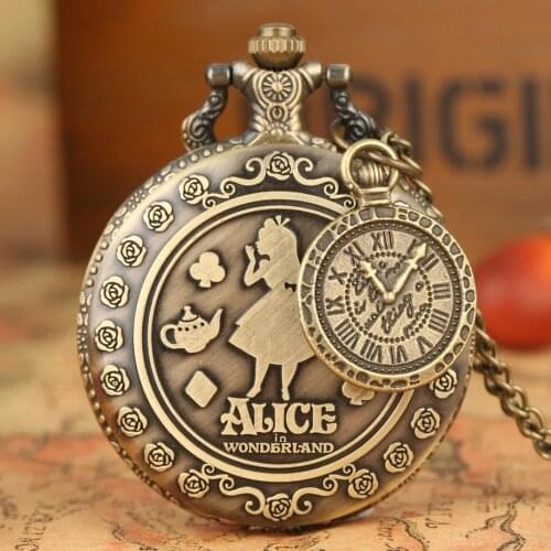 Retro Alice in Wonderland Theme Bronze Lovely Princess Quartz Pocket Watches Rabbit Carousel Vintage Fob Watches with Accessory
