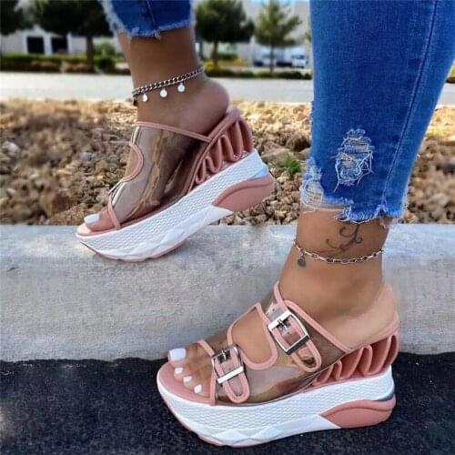 New Summer Fashion Women PVC Wedge Slippers Female Transparent Belt Buckle Super High Heel Platform Sandals Large Size 35-43