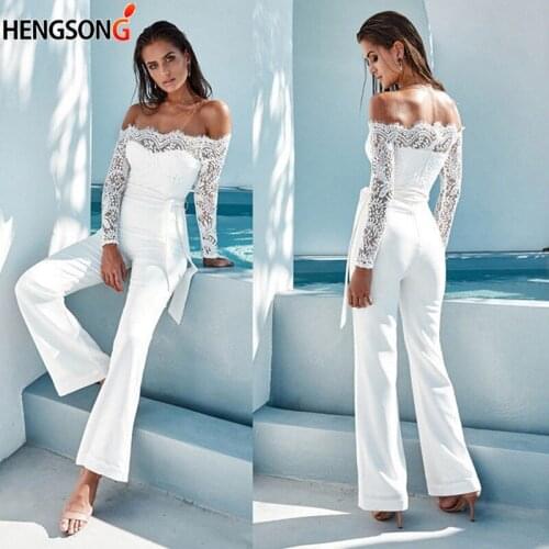 Sexy Off Shoulder Jumpsuits Elegant Women Lace Rompers One Piece For Female Overalls Solid Sashes Casual Romper Femme Elegant