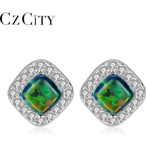 CZCITY Authentic 925 Sterling Silver Fashion Jewelry Stud Earrings for Women Rhombus Shape Trendy Design Bohemian Opal Earrings