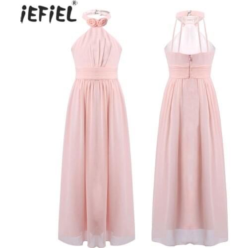 Chiffon Flower Girls Dress Floor-Length Sleeveless Wedding Party Dress Halter Flower Girl Princess Pageant Tulle Mesh Dresses