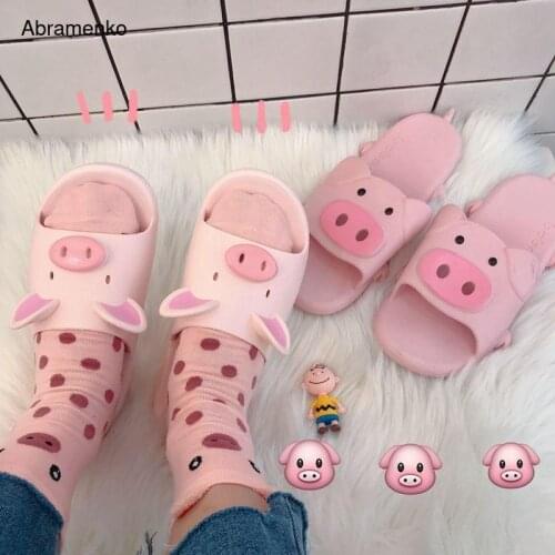 Abramenko Slippers Women Slides Summer Cute Home Slippers Flat Shoes Lovely Pig Cartoon Shoes Indoor Non-slip Room Sliders Shoes