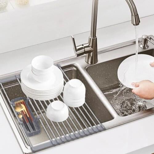 Stainless Steel Drain Rack Telescopic Folding Kitchen Dishes Rack Sink Drying Kitchenware Storage Water Filter Shelf Storage
