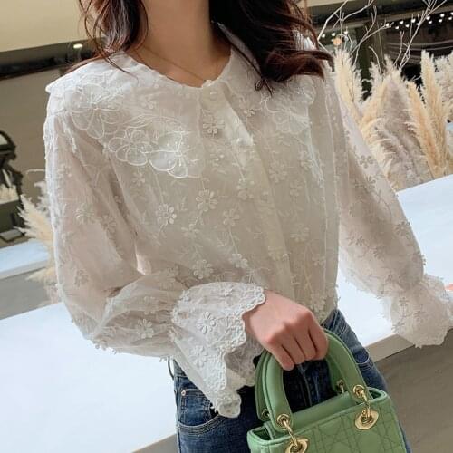 Korean Embroidery Mesh Lace Autumn 2020 New Women Blouse White Cotton Blouse Shirts Ruffles Long Sleeve Womens Tops 673B