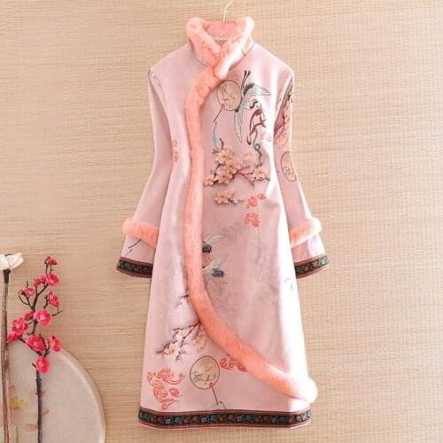 High-end Winter Women Chinese Style Peony Print Suede Dress Jacquard Warm Dresses Elegant Slim Lady Warm Qipao Party Dress S-XXL