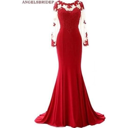 ANGELSBRIDEP Sheer-Neck Mermaid Eveing Party Gowns Vestidos de festa Fashion Long Sleeves Applique Court Train Formal Prom Dress